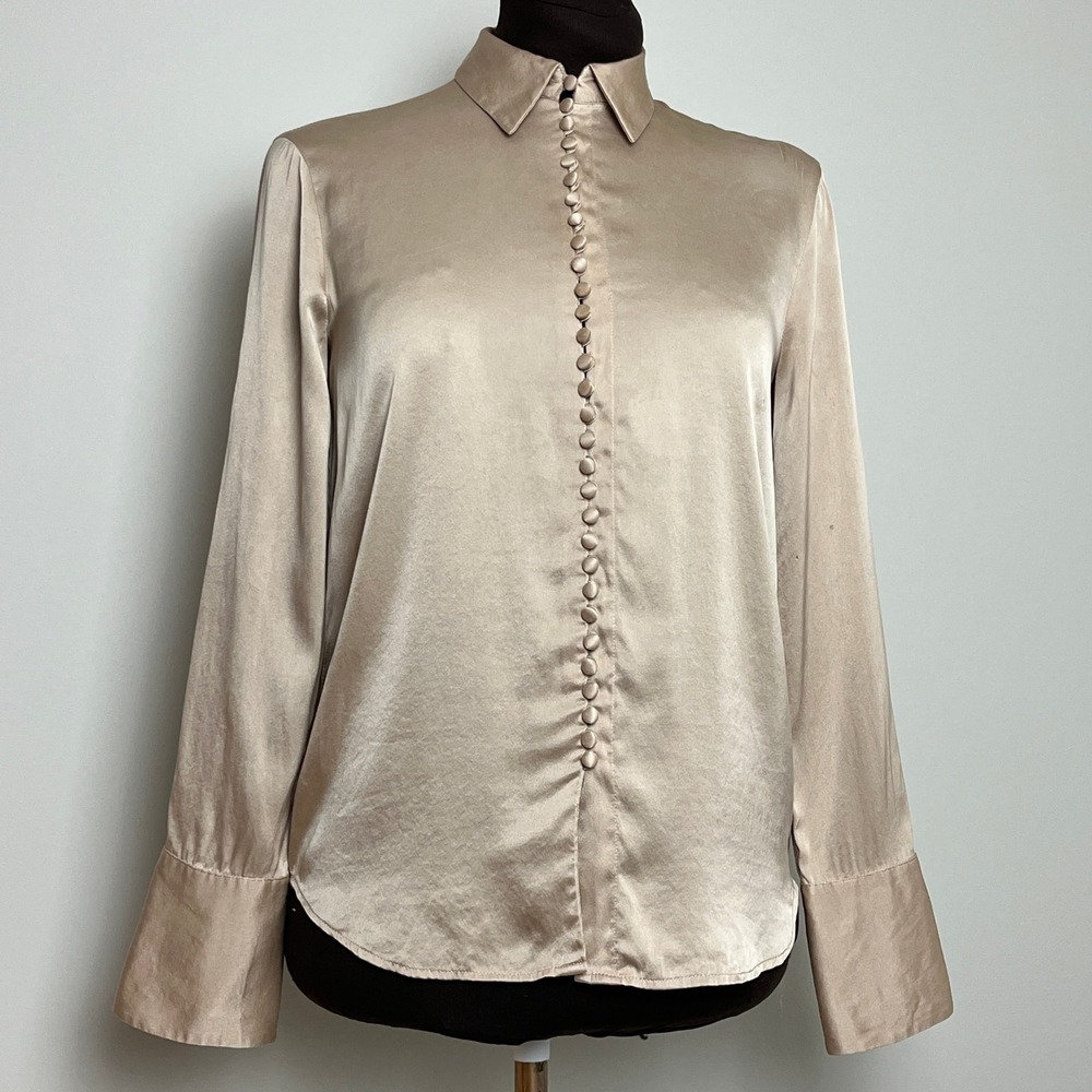 Club Monaco Silk Blouse Champagne Taupe Button Front Long Sleeve Shirt Womens